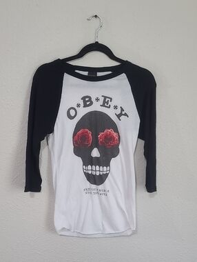 Obey Black & White Raglan Tee with Red Rose Skull